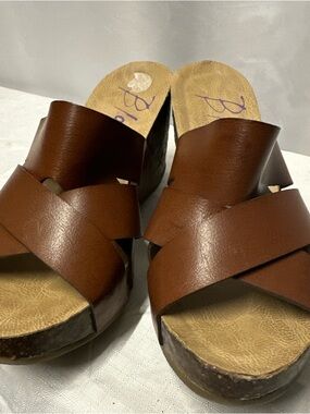 Blowfish Brown Crisscross Leather Wedge Mules